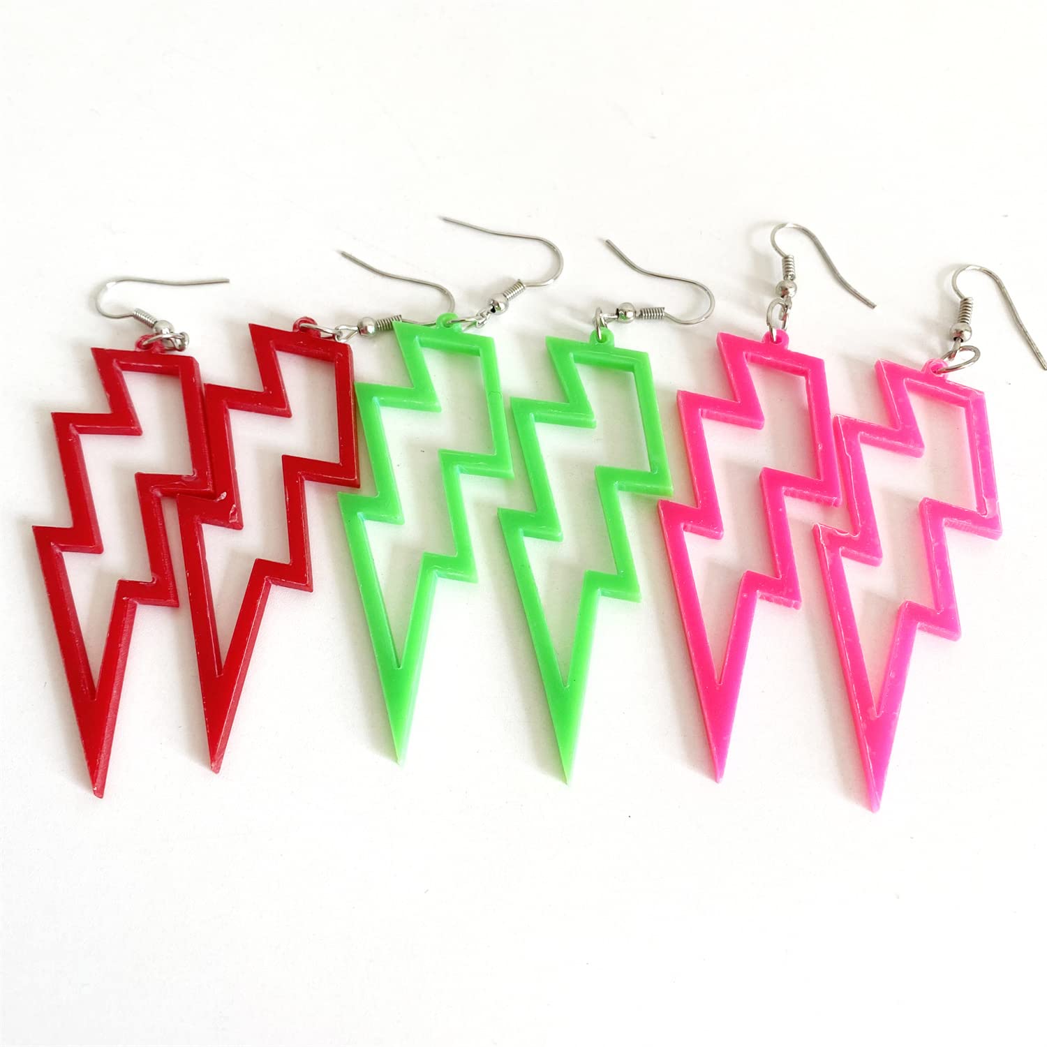 Multicolor 80s Neon Earrings Acrylic Exaggerated Lightning Bolt Dangle Earrings Halloween Retro 80 90's Party Costume Accessories Jewelry for Women-Hollow Pink