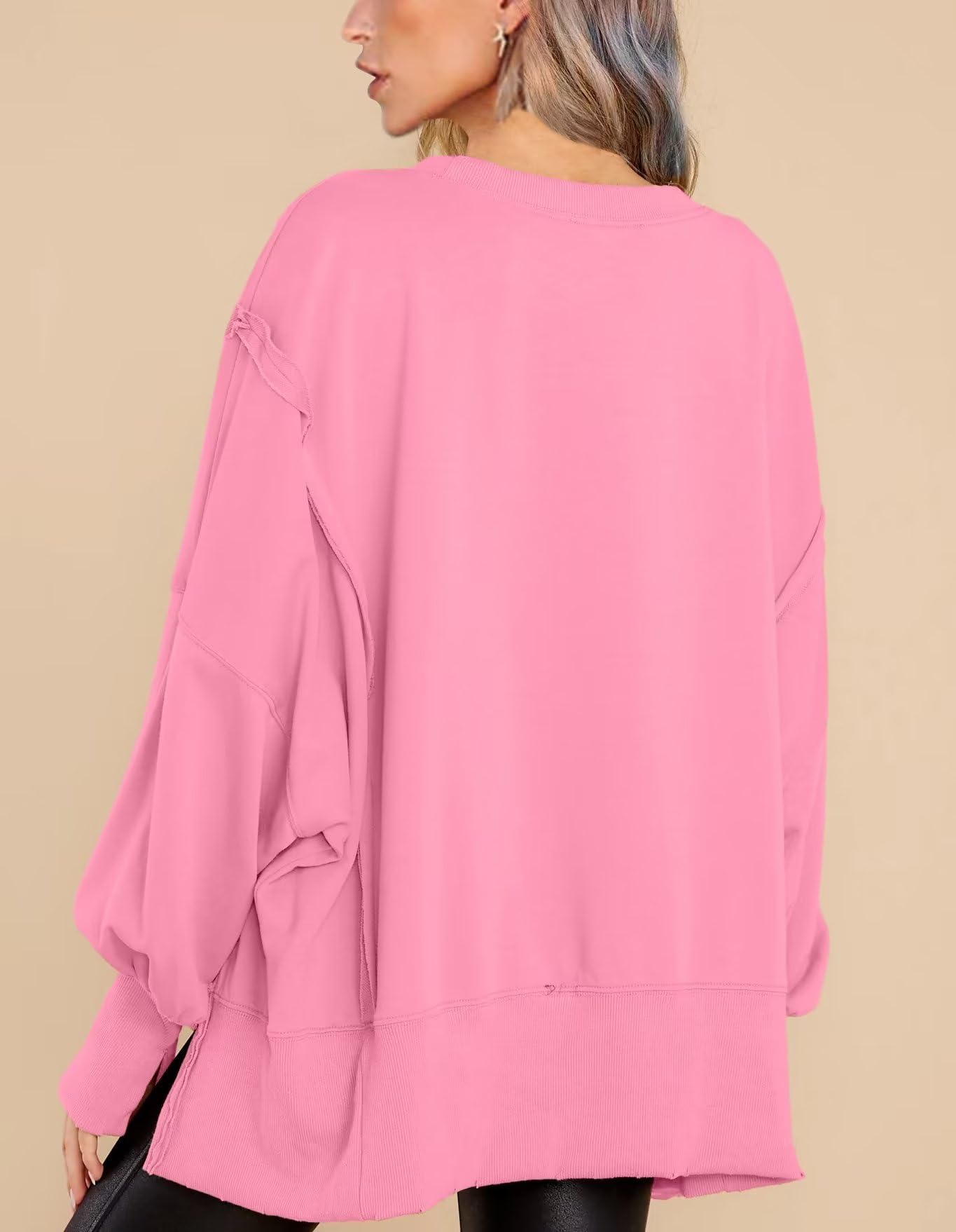 BWQ Womens Oversized Sweatshirt Crew Neck Long Sleeve Shirt Loose Pullover Tops S-2XL Pink