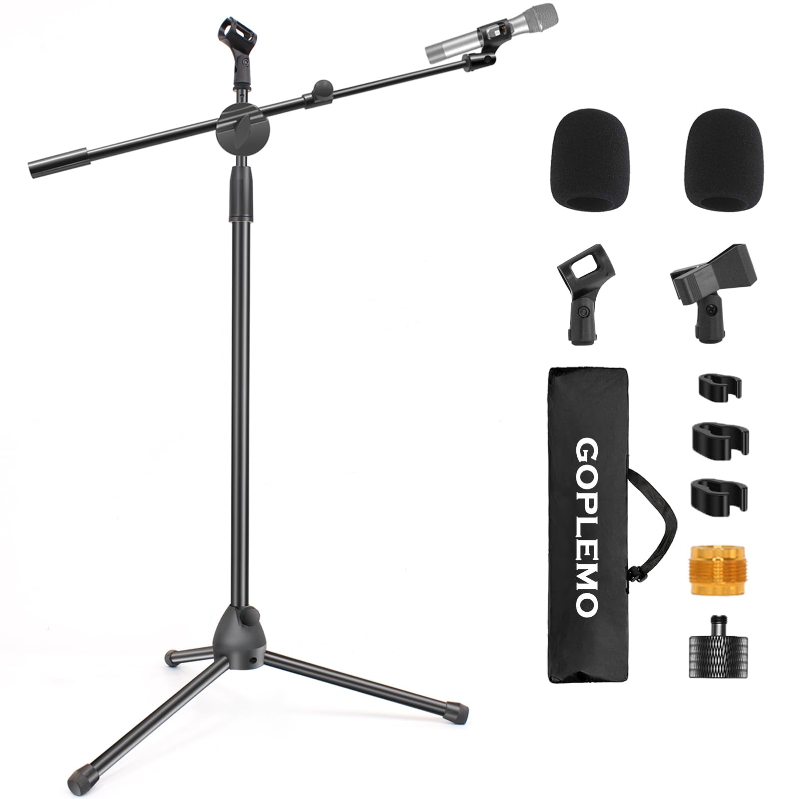 Microphone Stand Foldable Tripod Boom Arm Floor Mic Stand with Carrying Bag and 2 Screws Adapters 2 Mic Clips 2 Foam Covers for Singing Karaoke Stage