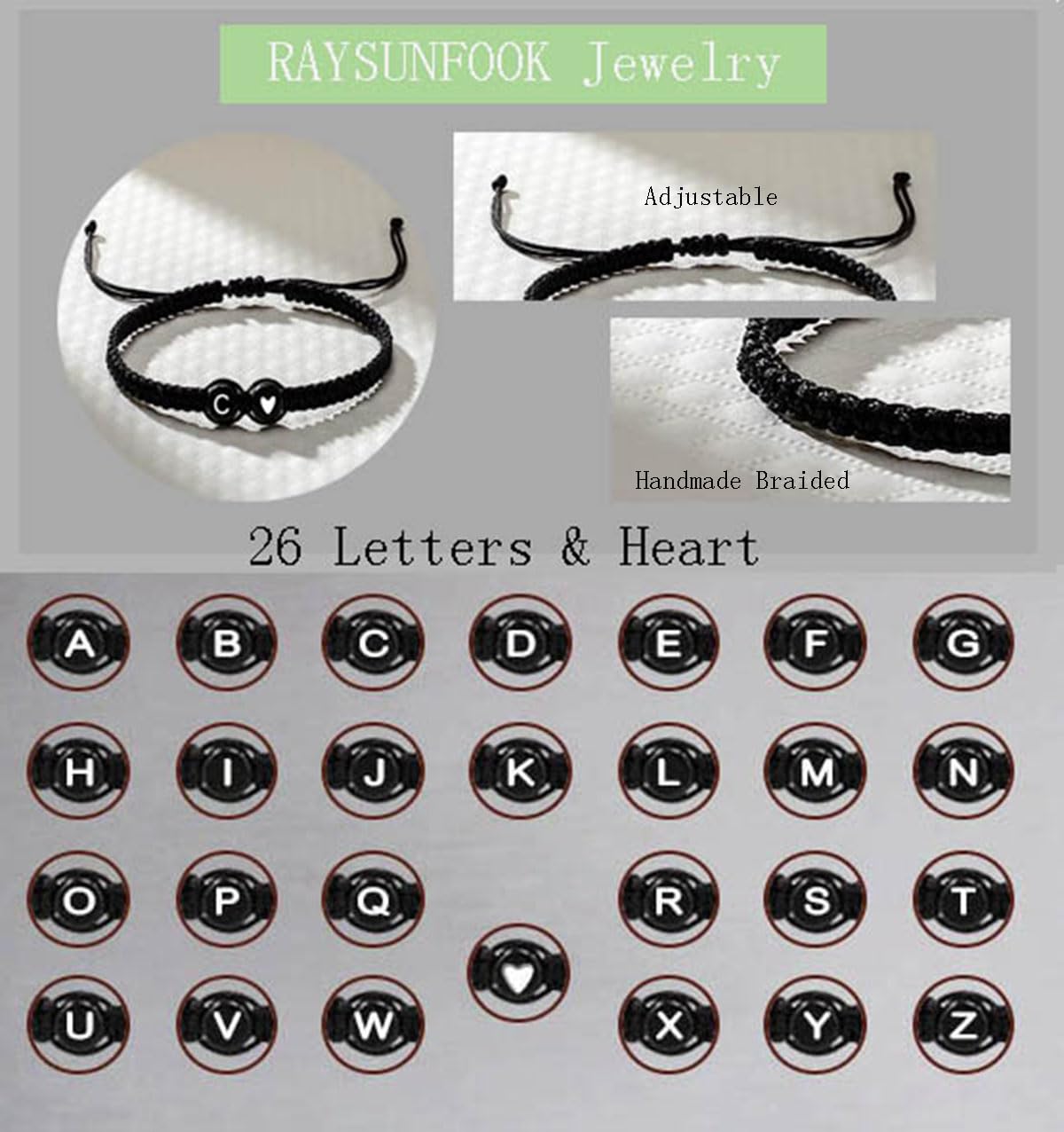 Raysunfook A to Z Braided Letter Bracelets 26 Initial Bracelets for Women Adjustable Black Rope Bracelet BFF Birthday Gifts Graduation Gift for Friends Sister Daughter Mother Friendship Jewelry