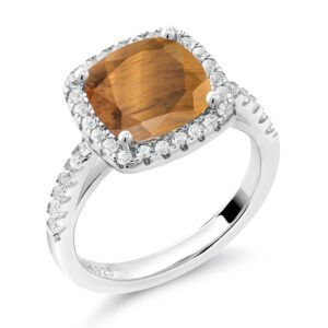 Gem Stone King 2.50 Ct Cushion Brown Tiger Eye White Created Sapphire 925 Sterling Silver Ring (Size 7)