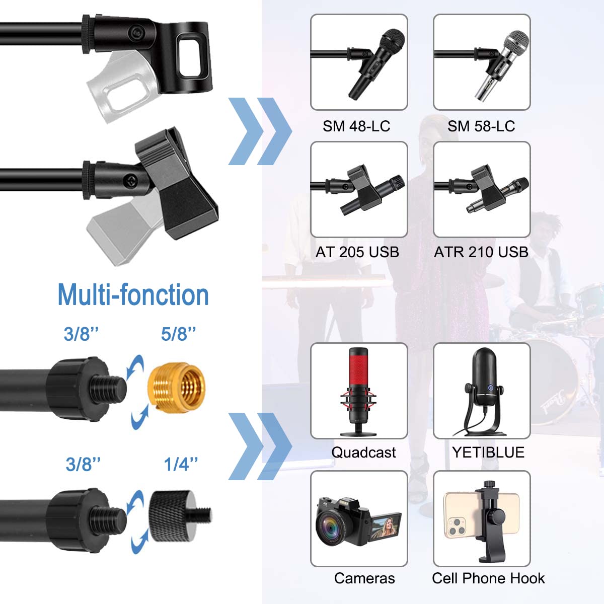 Microphone Stand Foldable Tripod Boom Arm Floor Mic Stand with Carrying Bag and 2 Screws Adapters 2 Mic Clips 2 Foam Covers for Singing Karaoke Stage