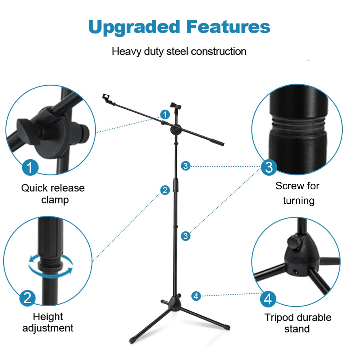 Microphone Stand Foldable Tripod Boom Arm Floor Mic Stand with Carrying Bag and 2 Screws Adapters 2 Mic Clips 2 Foam Covers for Singing Karaoke Stage