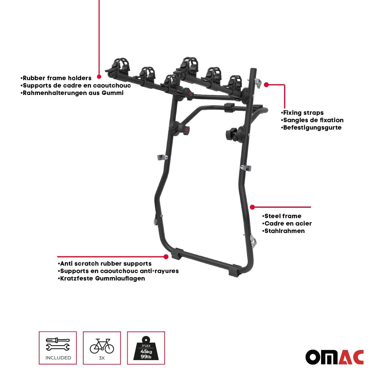 OMAC 3 Bike Rack for Nissan Rogue Sport 2017 to 2022, Trunk Mount Bicycle Carrier, 99 Pounds Load Capacity, Foldable, All Weather, Black