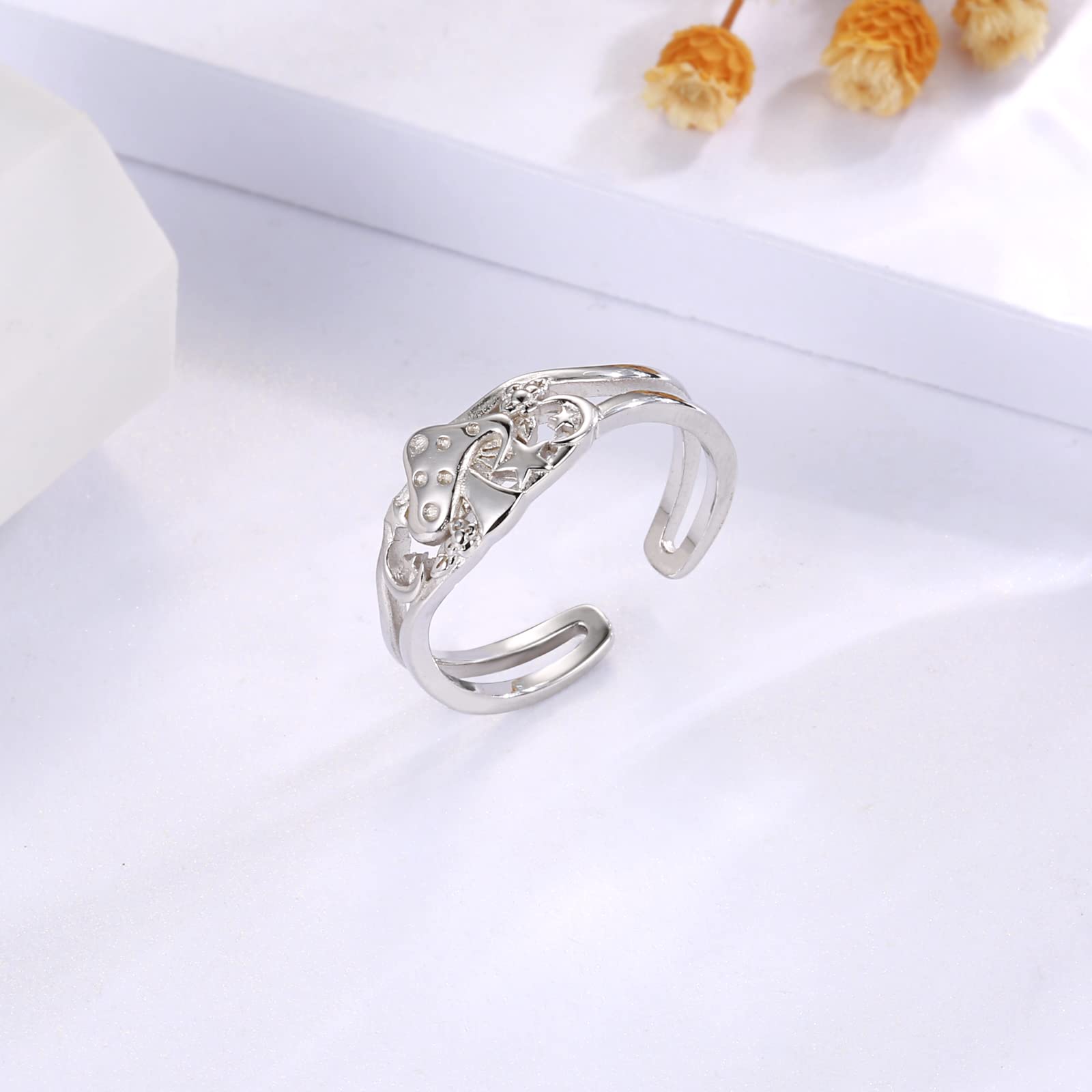 Cute Mushroom Gifts for Women - 925 Sterling Silver Magical Mushroom Ring with Moon and Star Gifts