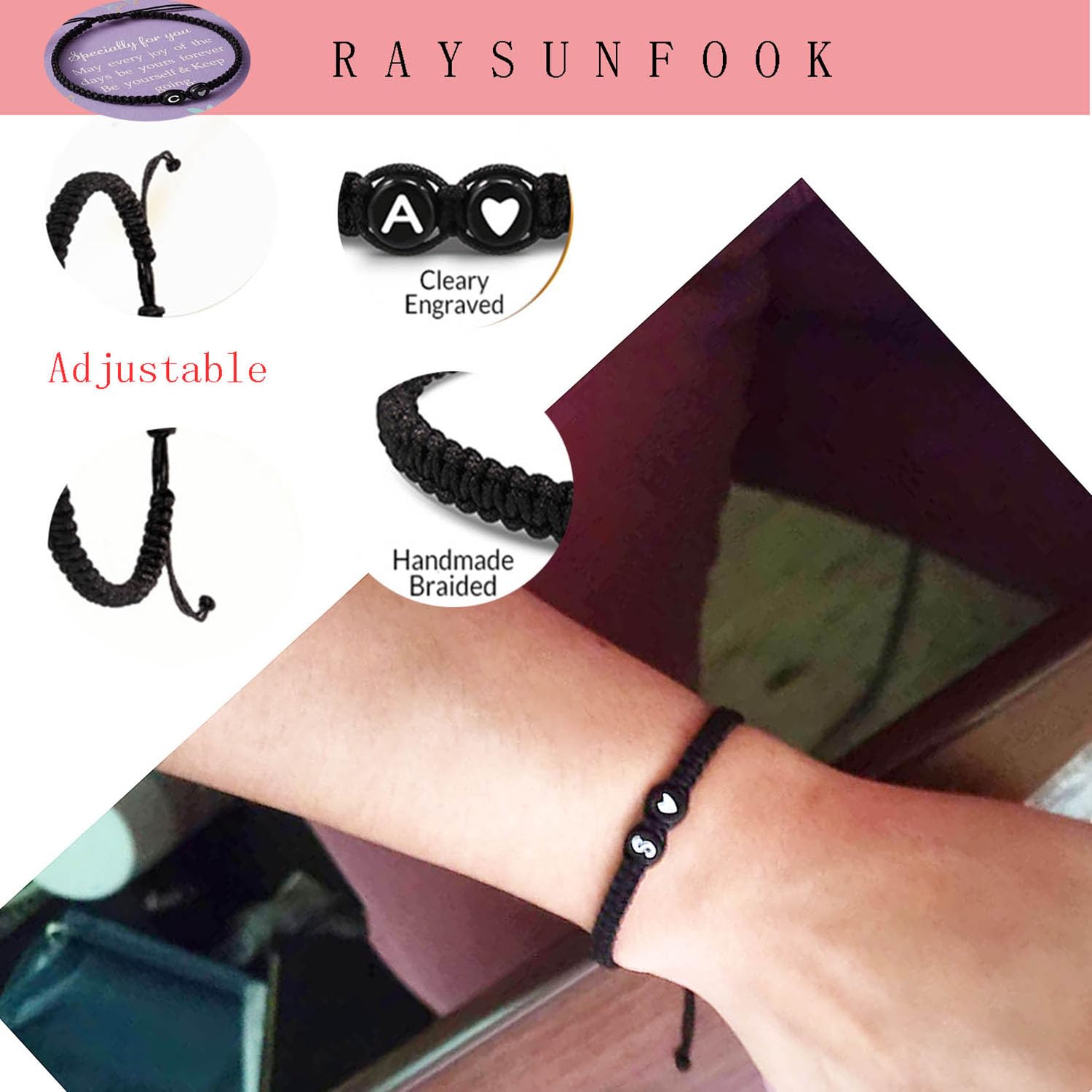 Raysunfook A to Z Braided Letter Bracelets 26 Initial Bracelets for Women Adjustable Black Rope Bracelet BFF Birthday Gifts Graduation Gift for Friends Sister Daughter Mother Friendship Jewelry