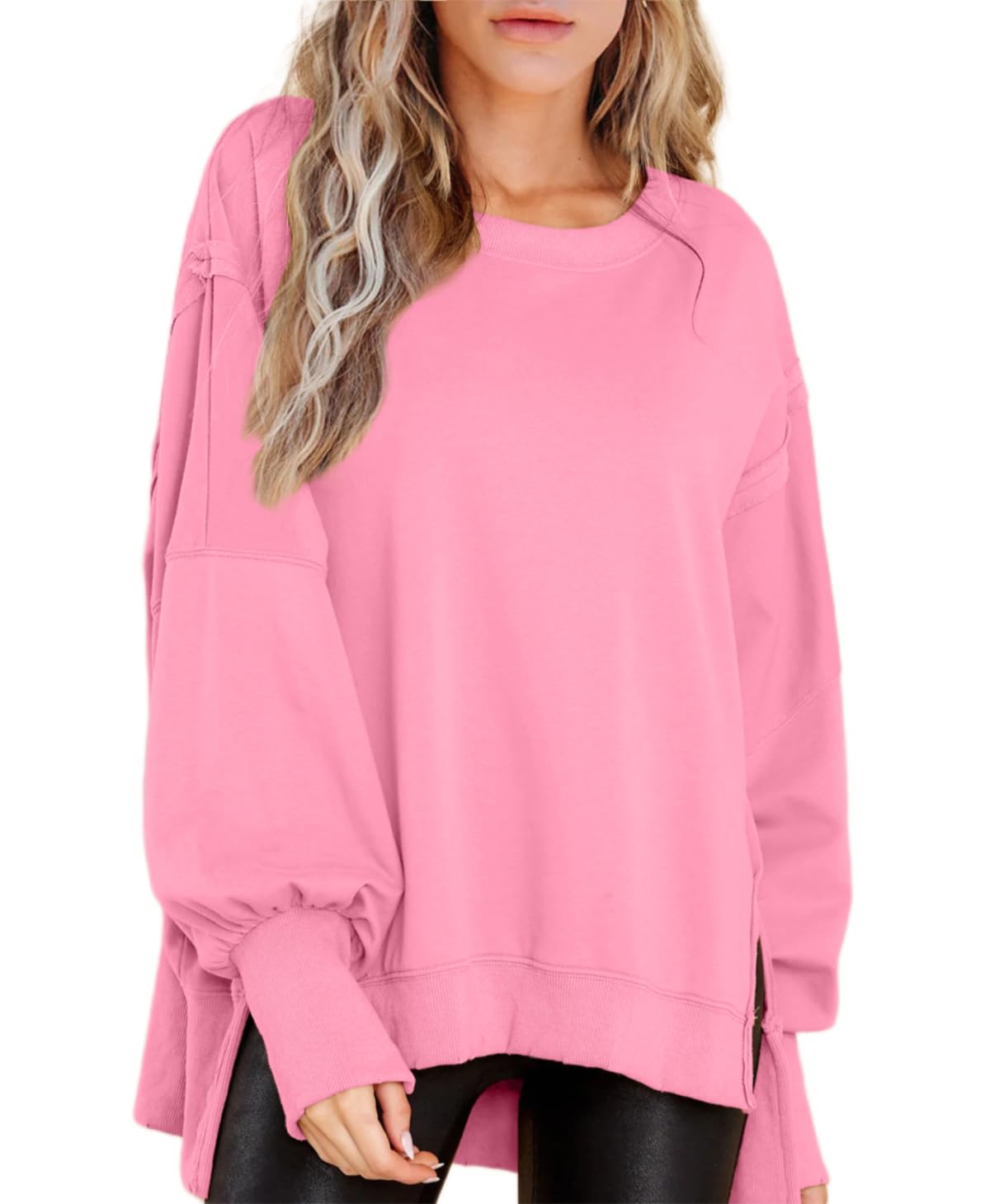 BWQ Womens Oversized Sweatshirt Crew Neck Long Sleeve Shirt Loose Pullover Tops S-2XL Pink