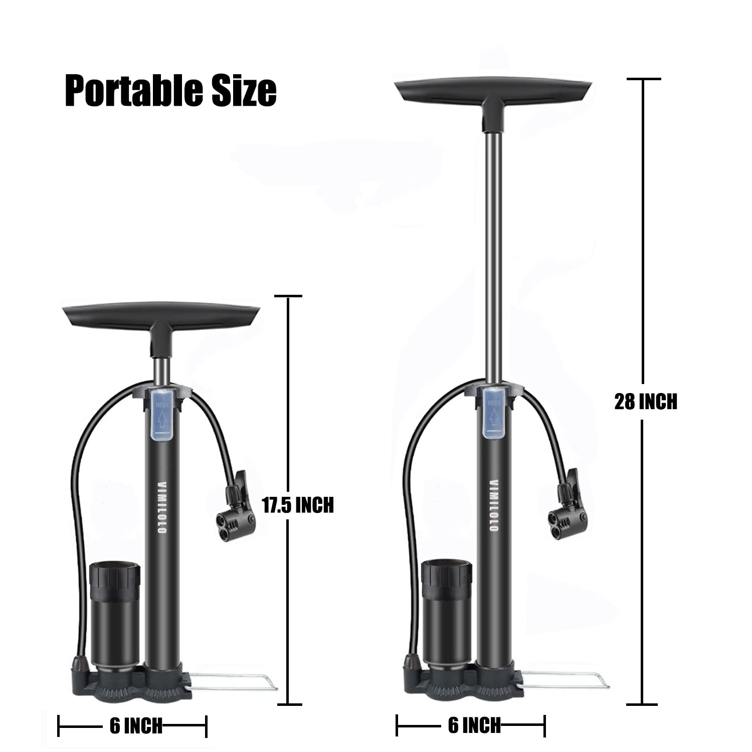 VIMILOLO Bike Pump, Air Bicycle Pump Inflator with Pressure Gauge for Presta and Schrader Valve Tire Ball Bike Portable Pumps 160PSI & 11BAR