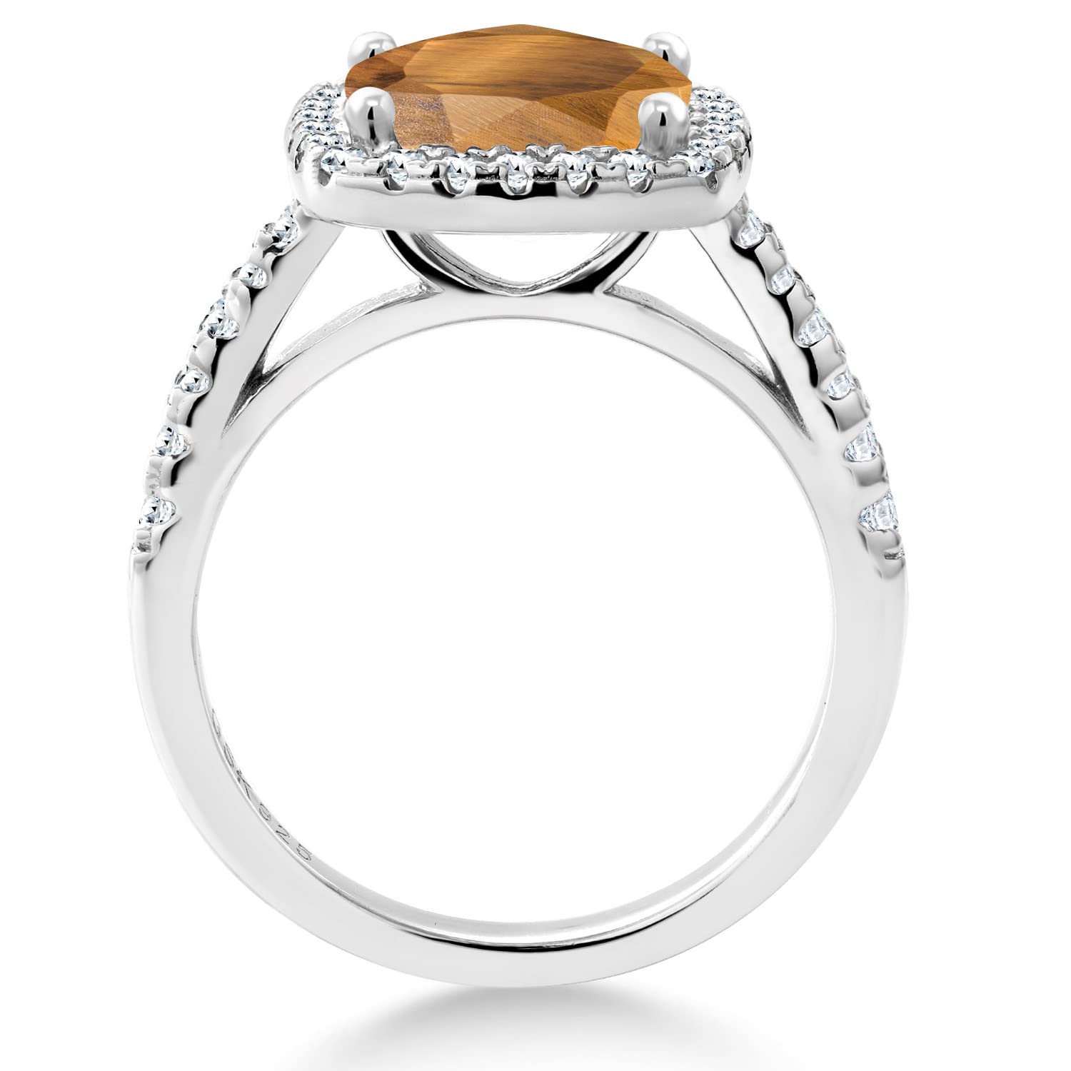 Gem Stone King 2.50 Ct Cushion Brown Tiger Eye White Created Sapphire 925 Sterling Silver Ring (Size 7)