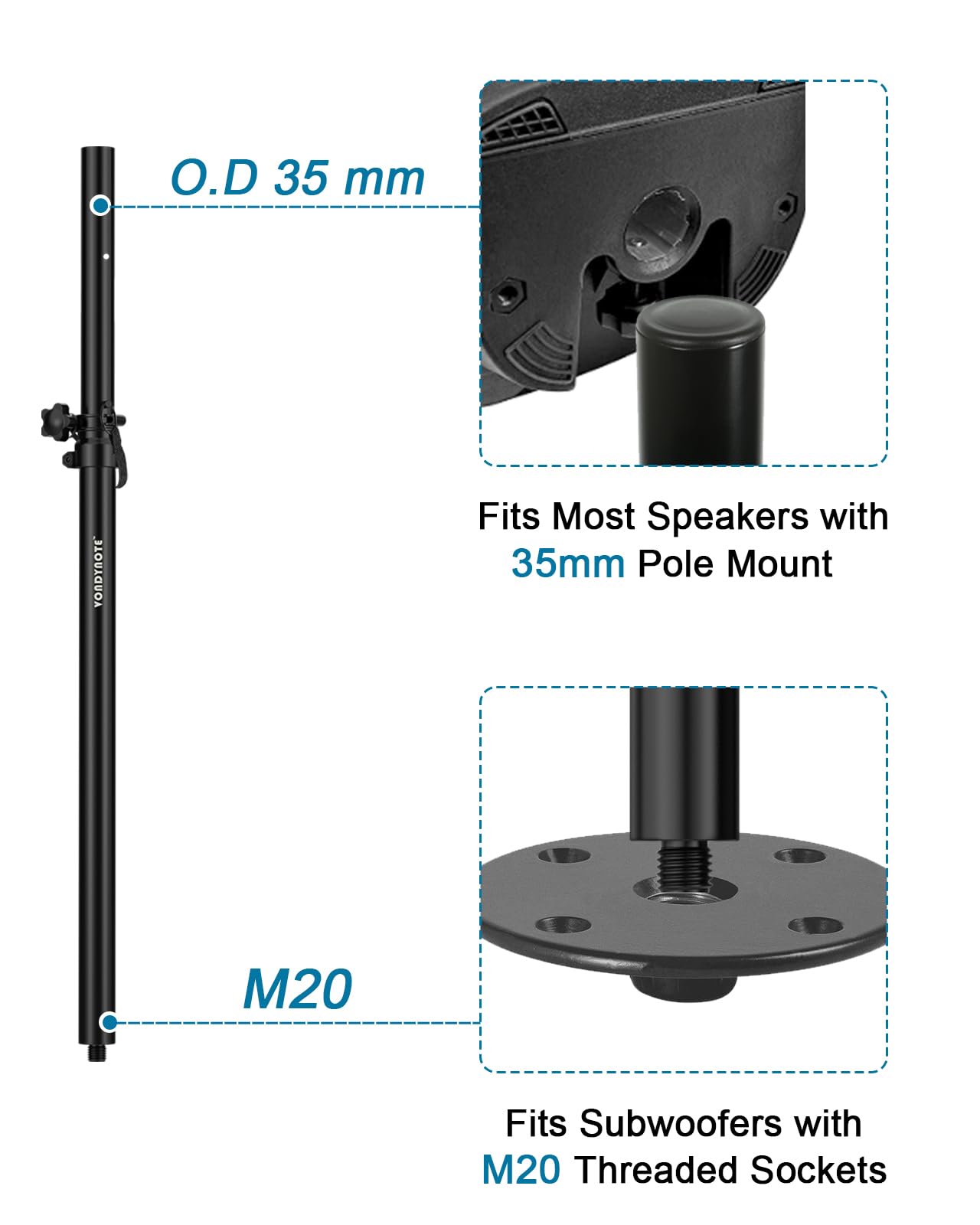 Vondynote Speaker Pole for Subwoofer Height Adjustable Fits M20 Threaded Mount and 35mm Mount Speaker Extender