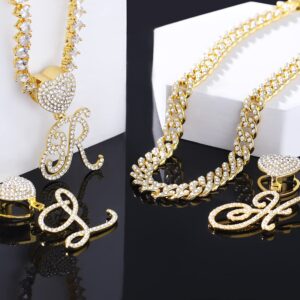 KOHOTA Gold Cuban Link Chain for Women Cursive Initial Pendant Necklace Layered Heart Shaped Zirconia Iced Out Chain Bling Necklace 24K Gold Plated Luxury Hip Hop Jewelry