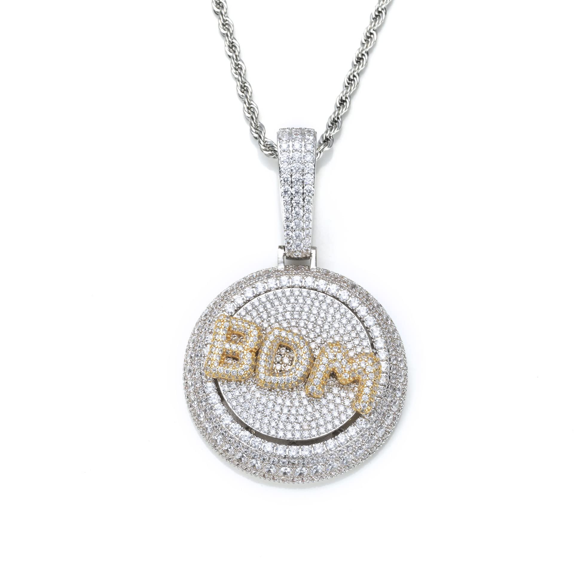 Personalized Rotatable Disc Name Plate Pendant Necklace, Iced Out Jewelry Cz Diamond 14k Gold Silver Copper Customized Letter Charm with Rope/Tennis Link Chain, Customized Initial Name Necklace Gift for Men Woman (Silver Plated Gold Letter)