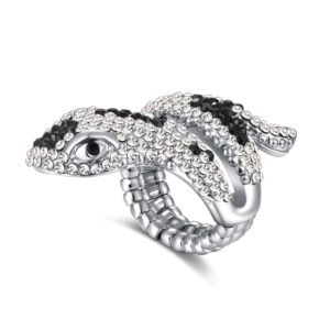 darupo punk crystal snake adjustable statement cocktail ring for women retro rhinestone serpent elastic stretch ring (silver)