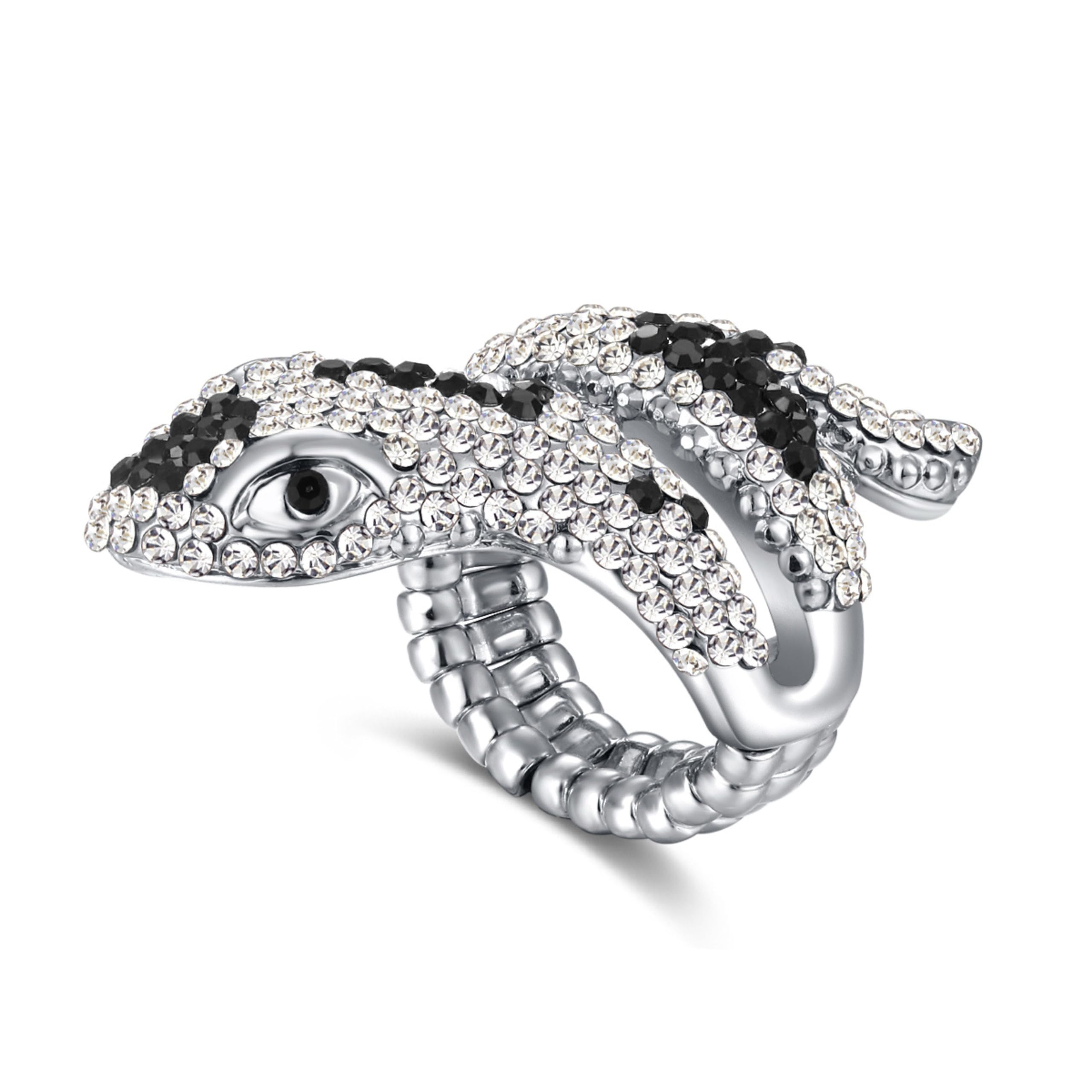 Darupo Punk Crystal Snake Adjustable Statement Cocktail Ring for Women Retro Rhinestone Serpent Elastic Stretch Ring (Silver)