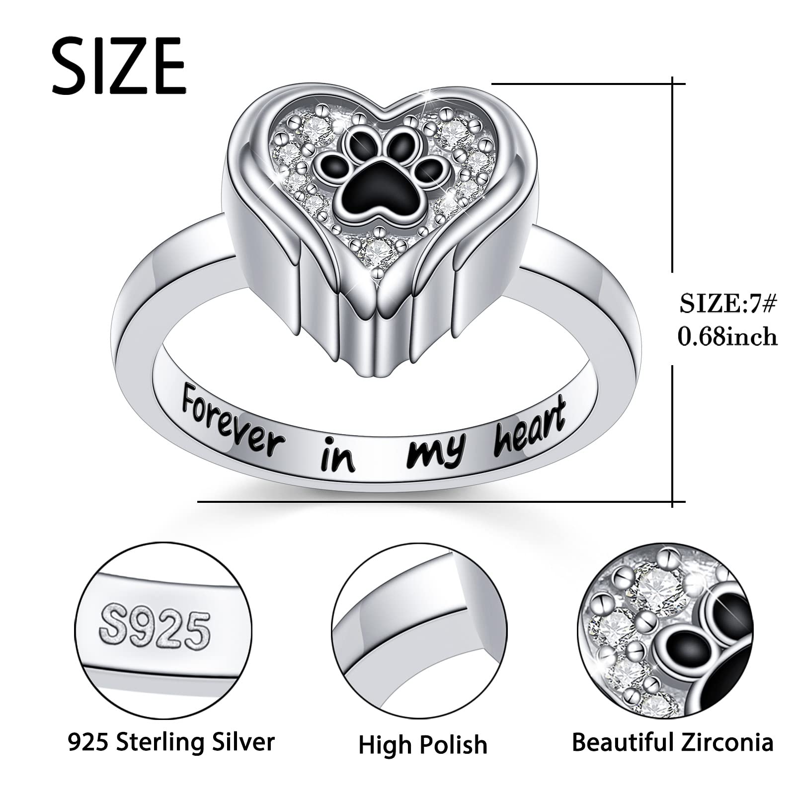 S925 Sterling Silver Paw Angel Wing Love Heart Urn Ring for Ashes Pets Dogs Cats Keepsake Memorial Cremation Jewelry Gifts Women Size 7