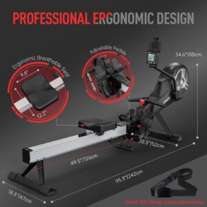 JOROTO Rowing Machine, Air Magnetic Foldable Rowing Machines for Home Use, Rower Machine with 49.5" Rail, Backlit Monitor, Bluetooth, App Supported, Tablet Holder