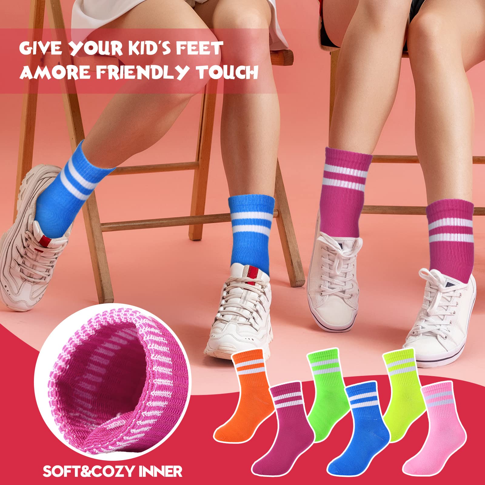 Tarpop 6 Pairs Neon Socks Neon Striped Crew Socks Tube Socks Striped Socks Men Women Ankle Socks Athletic Socks Short Socks (Bright Color)