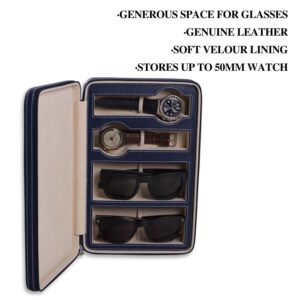 Bey-Berk Custom Personalized Navy Blue GENUINE LEATHER two watches and two sunglasses/eyeglasses travel case with form fitting compartments