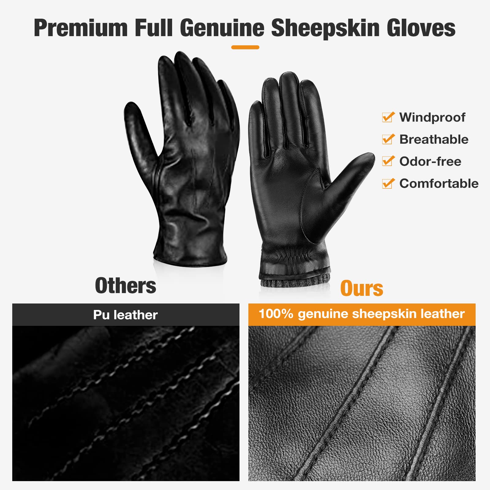 Aegend Sheepskin Leather Gloves For Men, Soft Warm Cashmere Lining Full Hand Touchscreen Winter Gift Thermal Black