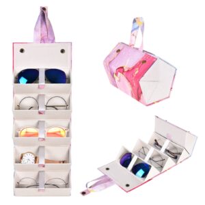 megrez 5 slots sunglasses organizer box, pu leather foldable woman eyeglass case eyeglass organizer storage, multiple sunglass holder for travel with eyeglasses cloth, pink-marble