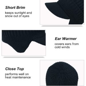 Koreshion Men's Winter Visor Beanie Hat with Earflaps Knit Baseball Cap with Brim Ski Hat Warm Fleece Lined Hunting Hat Black