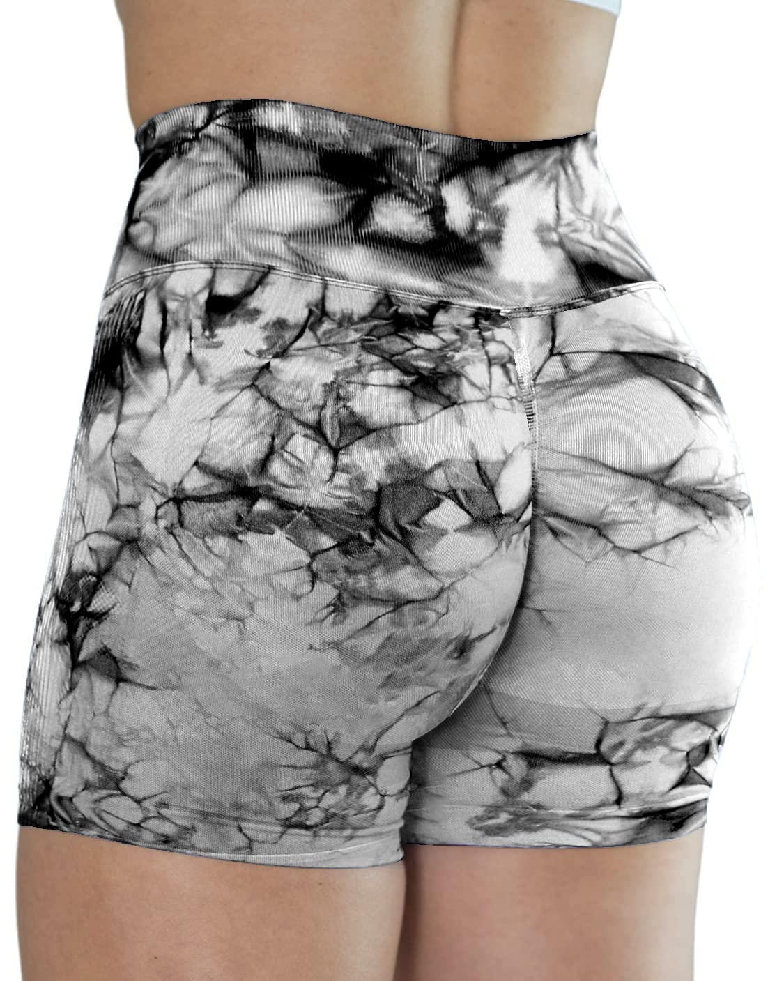 CFR Tie Dye Workout Yoga Shorts Womens Seamless Scrunch Shorts High Waist Gym Smile Contour Sport Active Fitness Cycling Shorts White L