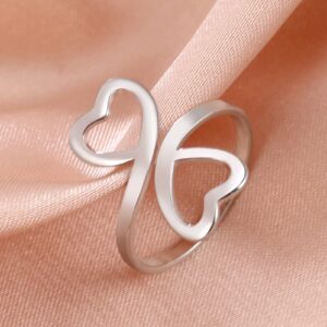 LIKGREAT Heart Ring Adjustable Heart Shaped Ring for Women Double Heart Rings Love Statement Finger Rings (silver, 7)