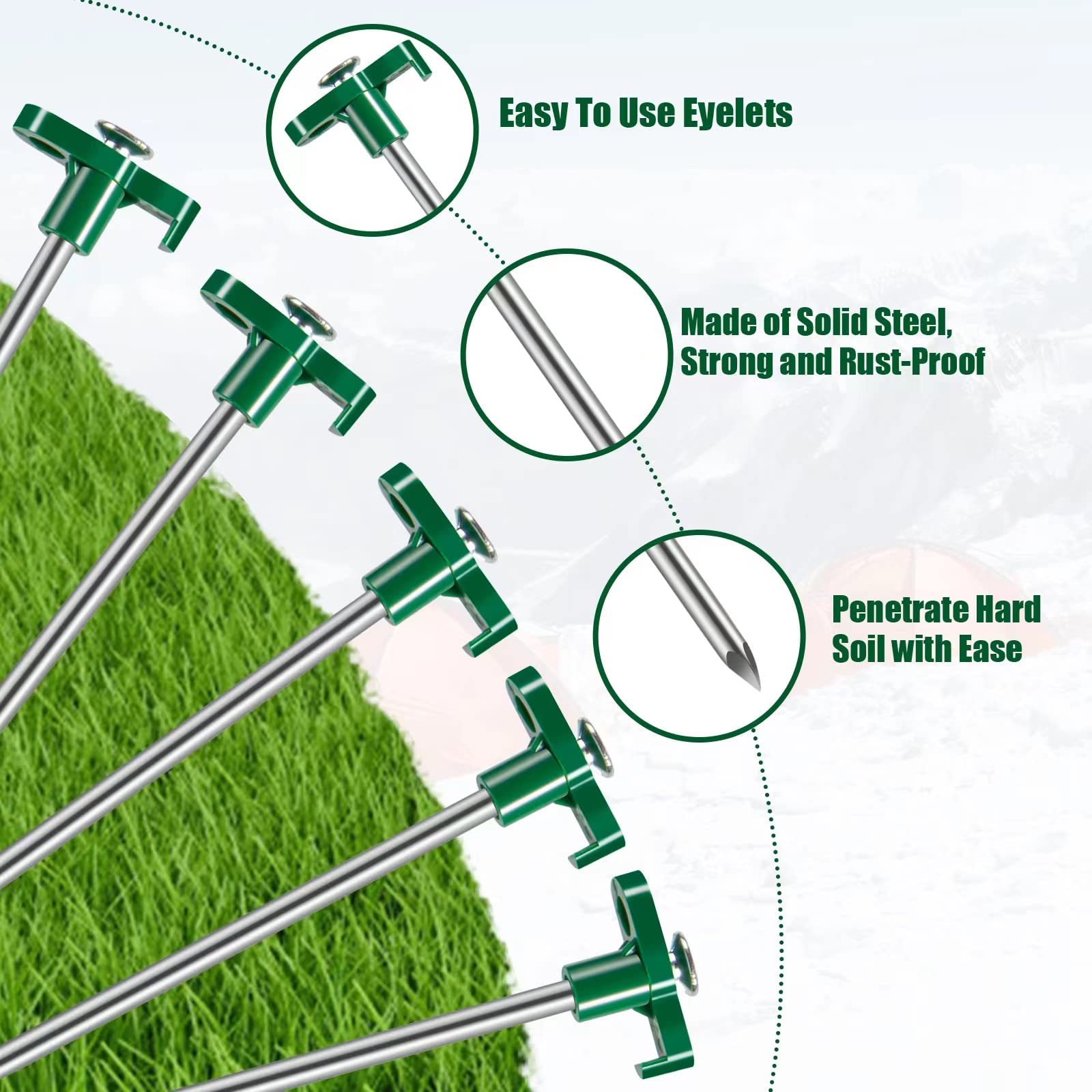 Tiomues Tent Stakes, 10PCS Heavy Duty Tent Stakes Pegs, Outdoor Camping Windproof Professional Ground Stakes, Metal Tent Pegs for All Kinds of Ground, Specially Designed for Tent Canopies