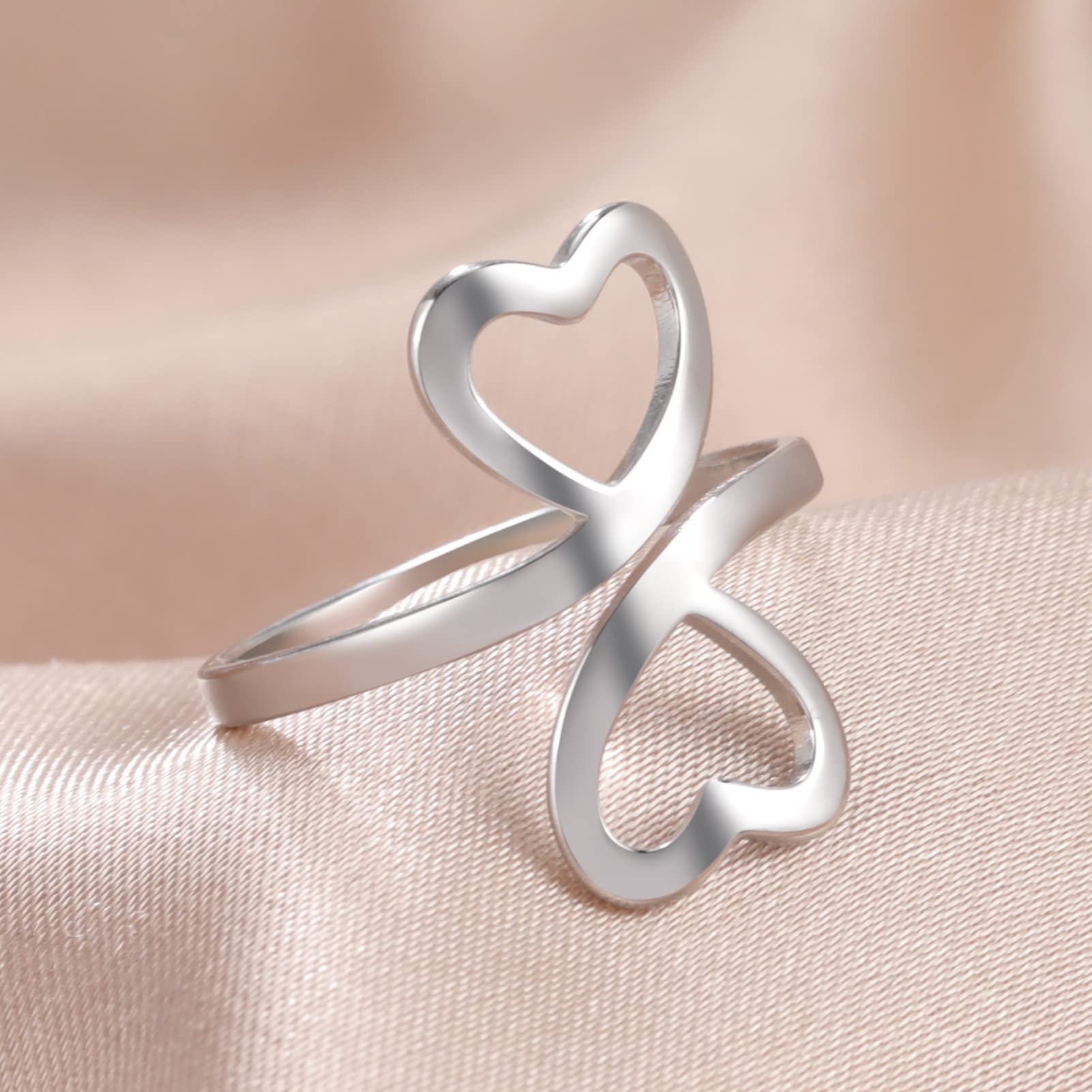 LIKGREAT Heart Ring Adjustable Heart Shaped Ring for Women Double Heart Rings Love Statement Finger Rings (silver, 7)