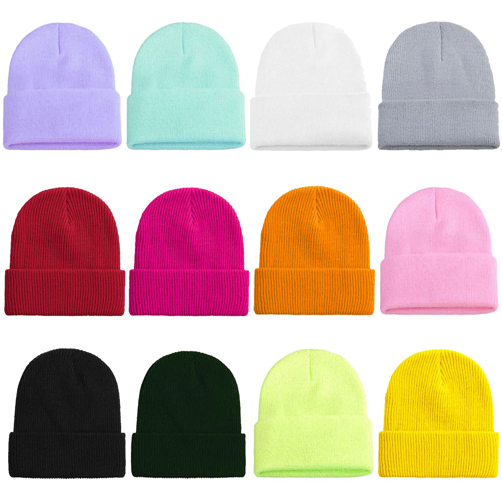 Extpro 12 Pack Beanie Hat Bulk Knitted Candy Color Cuffed Skull Cap for Women Men Teens (Multicolor-B)