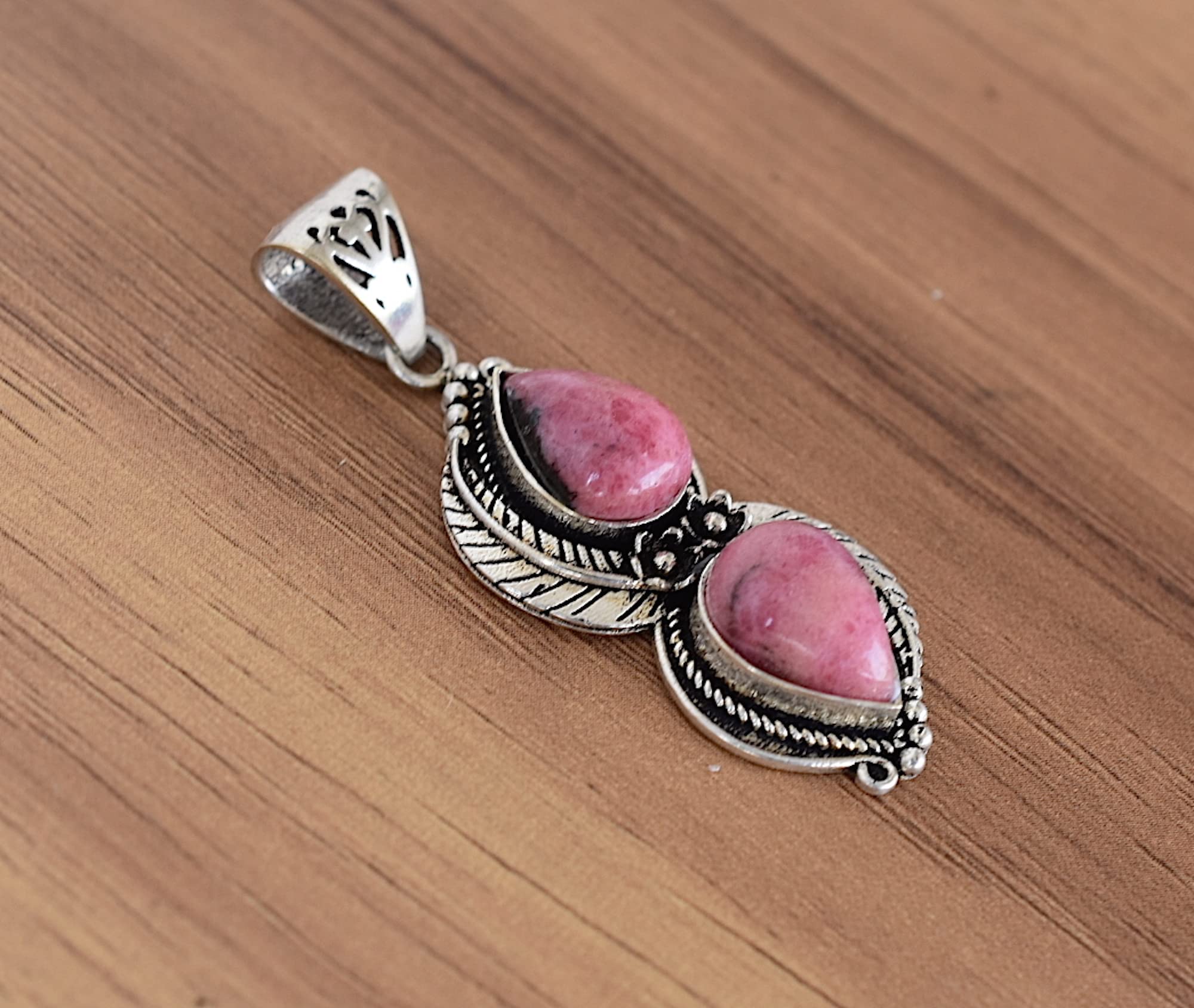 Rekha Gems Rhodonite Pendant, Pink Gemstone Pendant, Gift For Her, Vintage Jewelry,925 Sterling Silver Pendant, Boho and Hippie Pendant, Vintage Pendant, Daily Wear Pendant, Valentine Gift-NO-NRO-21