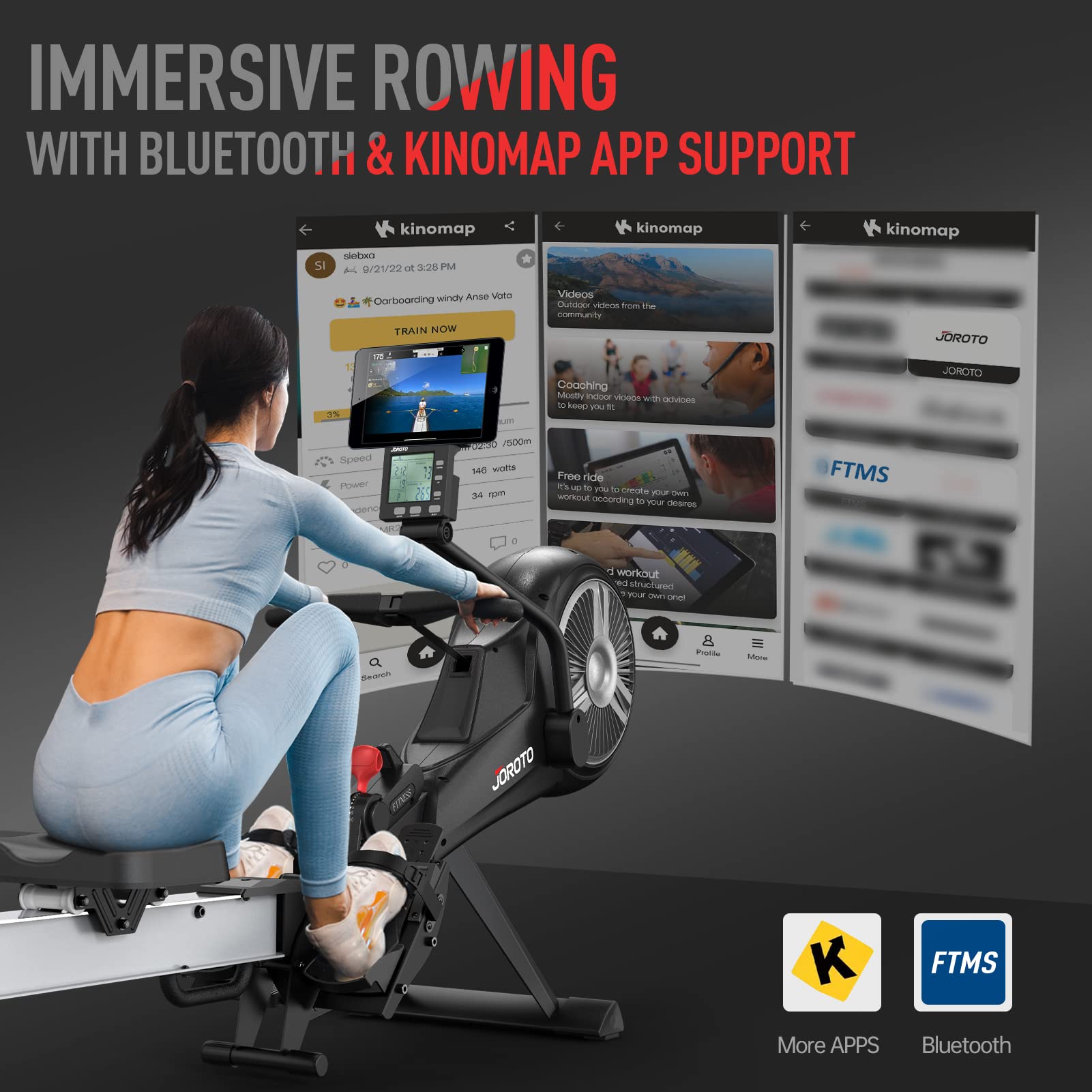 JOROTO Rowing Machine, Air Magnetic Foldable Rowing Machines for Home Use, Rower Machine with 49.5" Rail, Backlit Monitor, Bluetooth, App Supported, Tablet Holder