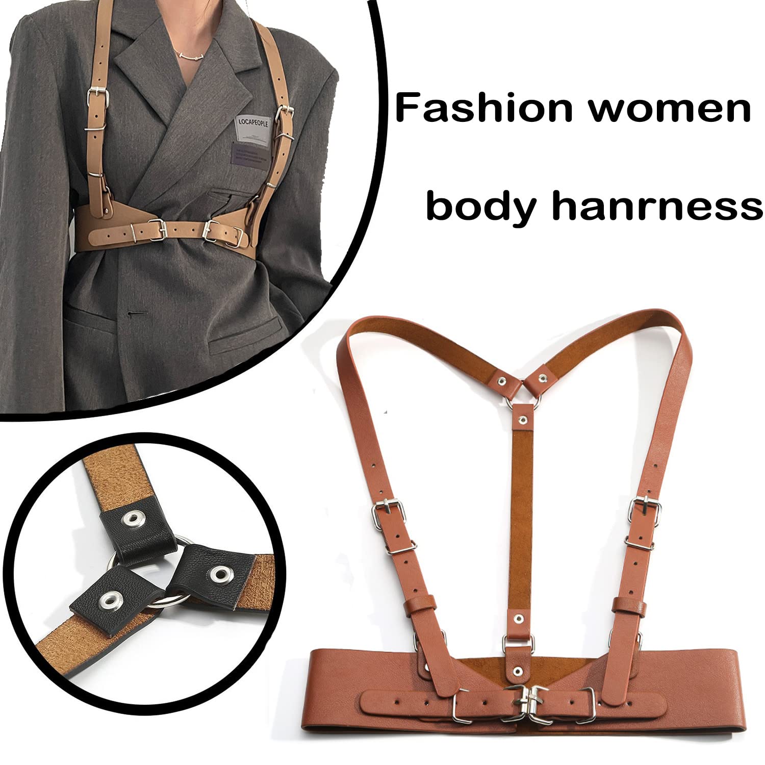 AONEWIN Women's Body Leather Harness Punk Belt Skinny Body Adjustable Suspender For Dresses (Brown Medium)