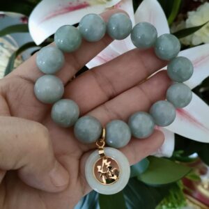 Heavens Tvcz Natural Green Jade Round 13.90 mm Gems Healing Energy Real Bracelets Bangle for Women Men Charms with Pendant Coin Lucky Money Powerful Thai