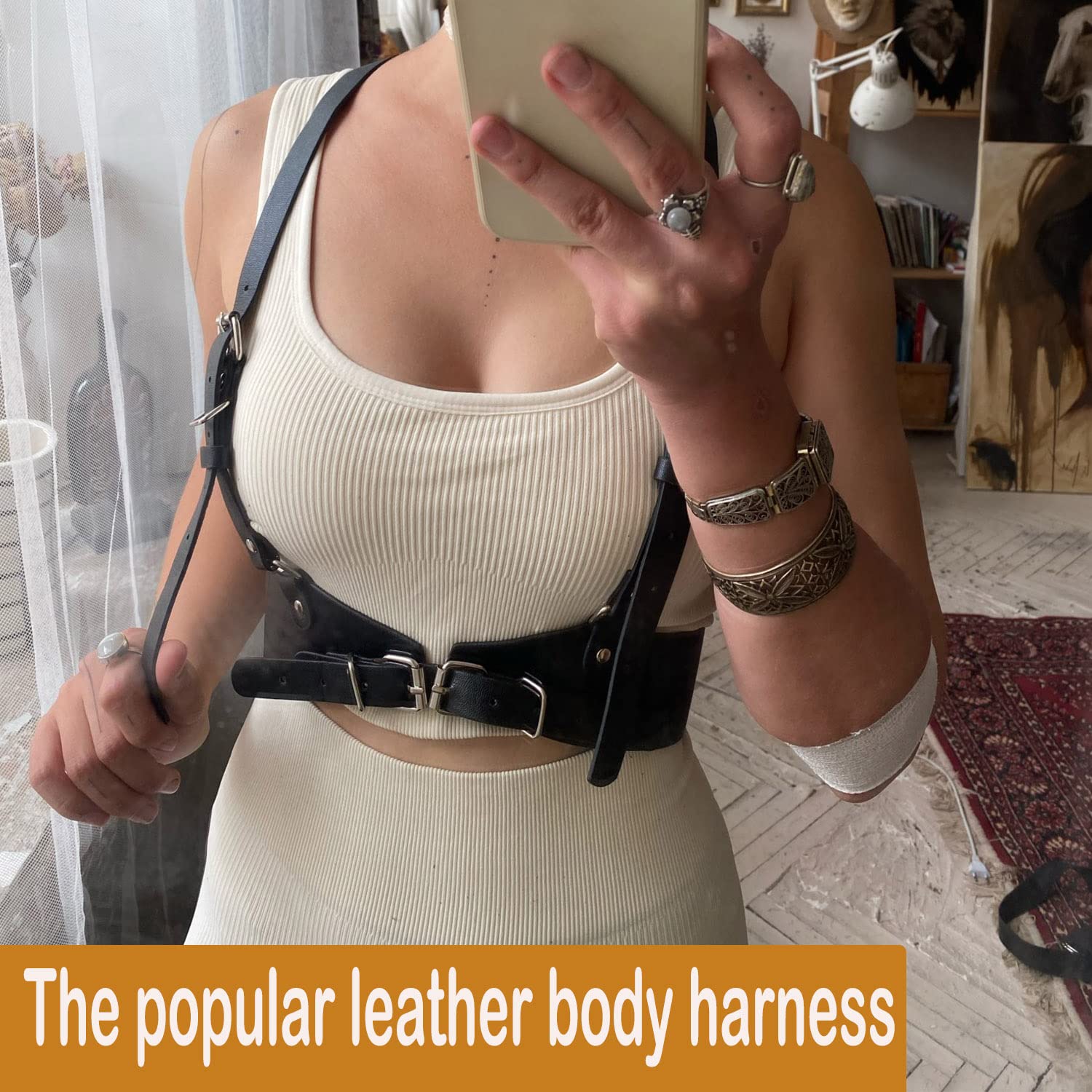 AONEWIN Women's Body Leather Harness Punk Belt Skinny Body Adjustable Suspender For Dresses (Brown Medium)