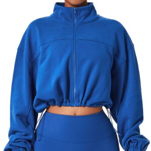 Pissente Womens Running Jacket Full Zip Stand Collar Long Sleeve Drawstring Hem Running Yoga Cropped Shirts(M-Blue)