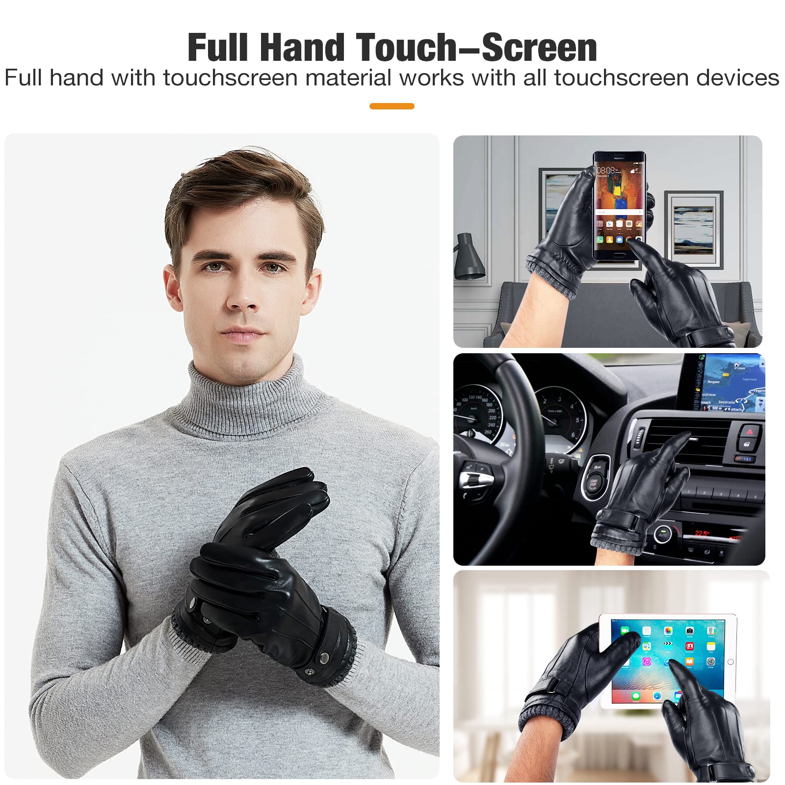 Aegend Sheepskin Leather Gloves For Men, Soft Warm Cashmere Lining Full Hand Touchscreen Winter Gift Thermal Black