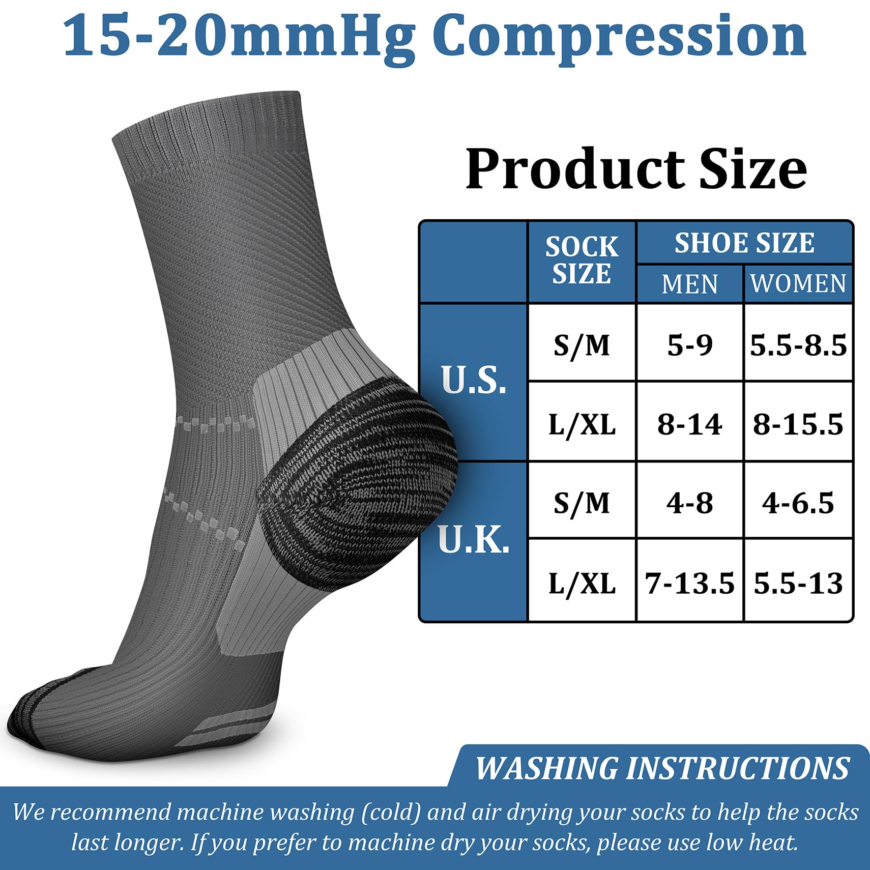 CHARMKING 6 Pairs Crew Compression Socks for Women & Men Circulation 15-20 mmHg is Best for All Day Wear Running Nurse (S/M, Grey Grey)