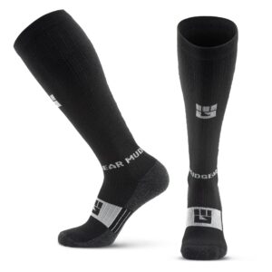 mudgear merino wool long compression socks - wool compression socks for mountain biking and cycling, gym, running, cycling, hiking,work - cushioned athletic socks (black/gray,large)