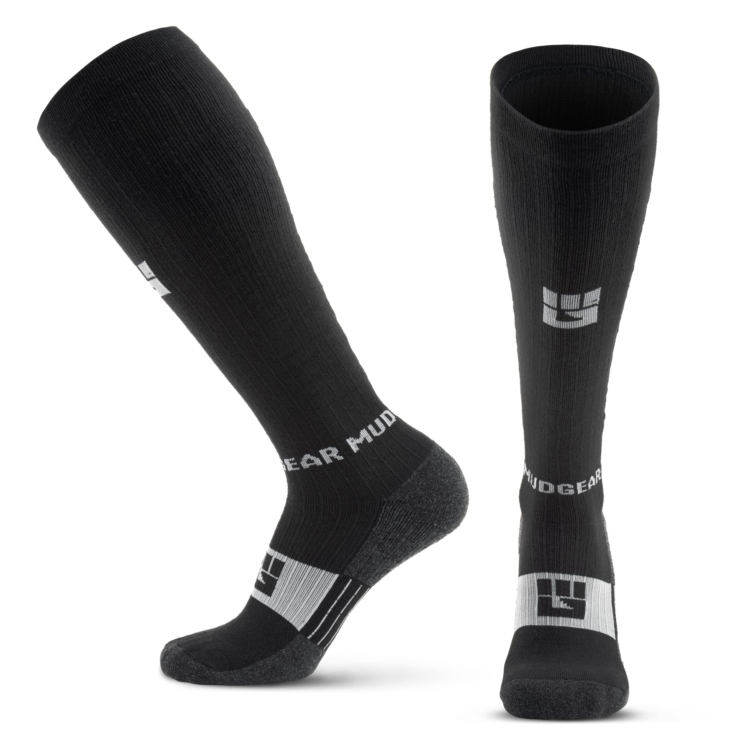 MudGear Merino Wool Long Compression Socks - Wool Compression Socks for Mountain Biking And Cycling, Gym, Running, Cycling, Hiking,Work - Cushioned Athletic Socks (Black/Gray,Large)