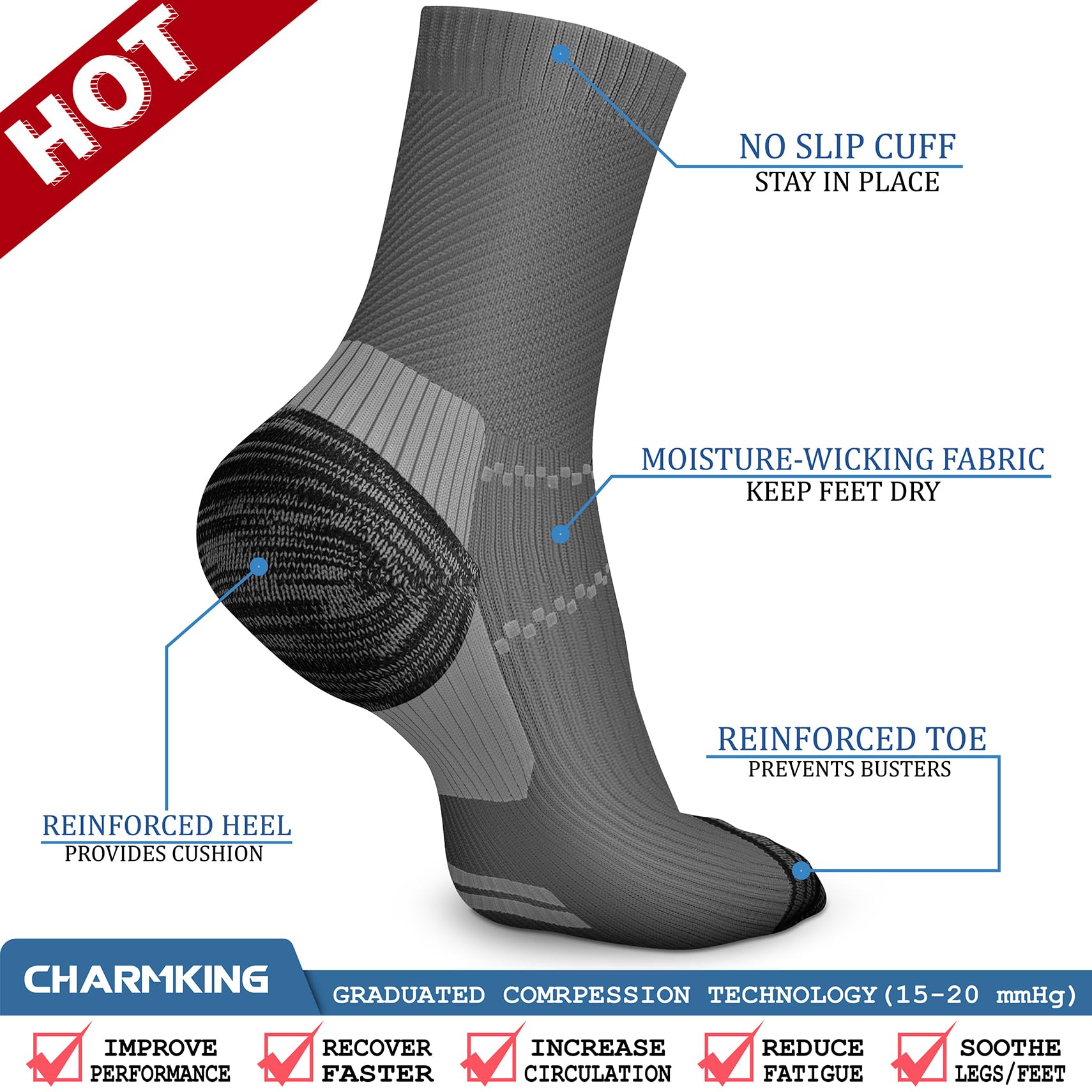 CHARMKING 6 Pairs Crew Compression Socks for Women & Men Circulation 15-20 mmHg is Best for All Day Wear Running Nurse (S/M, Grey Grey)