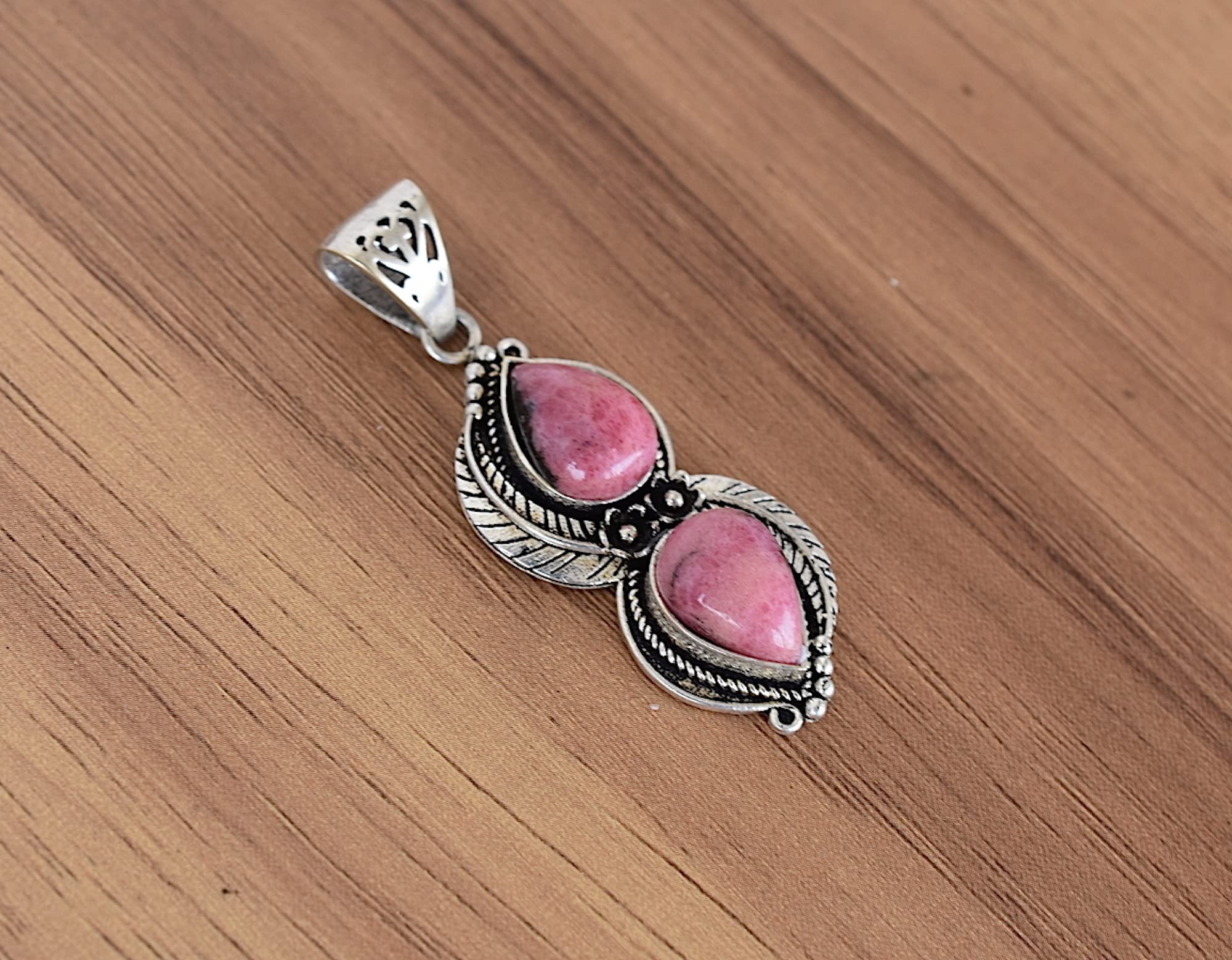 Rekha Gems Rhodonite Pendant, Pink Gemstone Pendant, Gift For Her, Vintage Jewelry,925 Sterling Silver Pendant, Boho and Hippie Pendant, Vintage Pendant, Daily Wear Pendant, Valentine Gift-NO-NRO-21