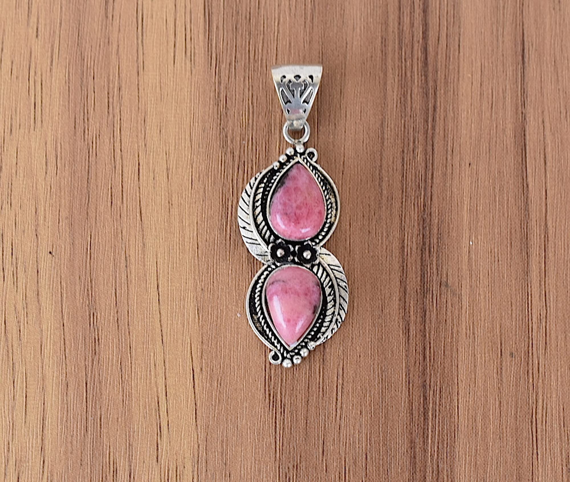 Rekha Gems Rhodonite Pendant, Pink Gemstone Pendant, Gift For Her, Vintage Jewelry,925 Sterling Silver Pendant, Boho and Hippie Pendant, Vintage Pendant, Daily Wear Pendant, Valentine Gift-NO-NRO-21