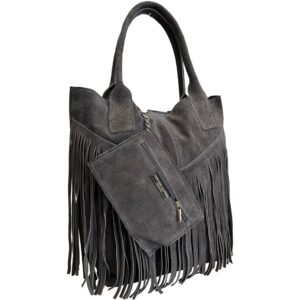 Modarno Women Genuine Suede Fringe Shopper Bag Plus Case for Same Color Jewelry - Handbag - Shoulder Bag, grey