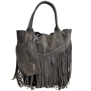 Modarno Women Genuine Suede Fringe Shopper Bag Plus Case for Same Color Jewelry - Handbag - Shoulder Bag, grey