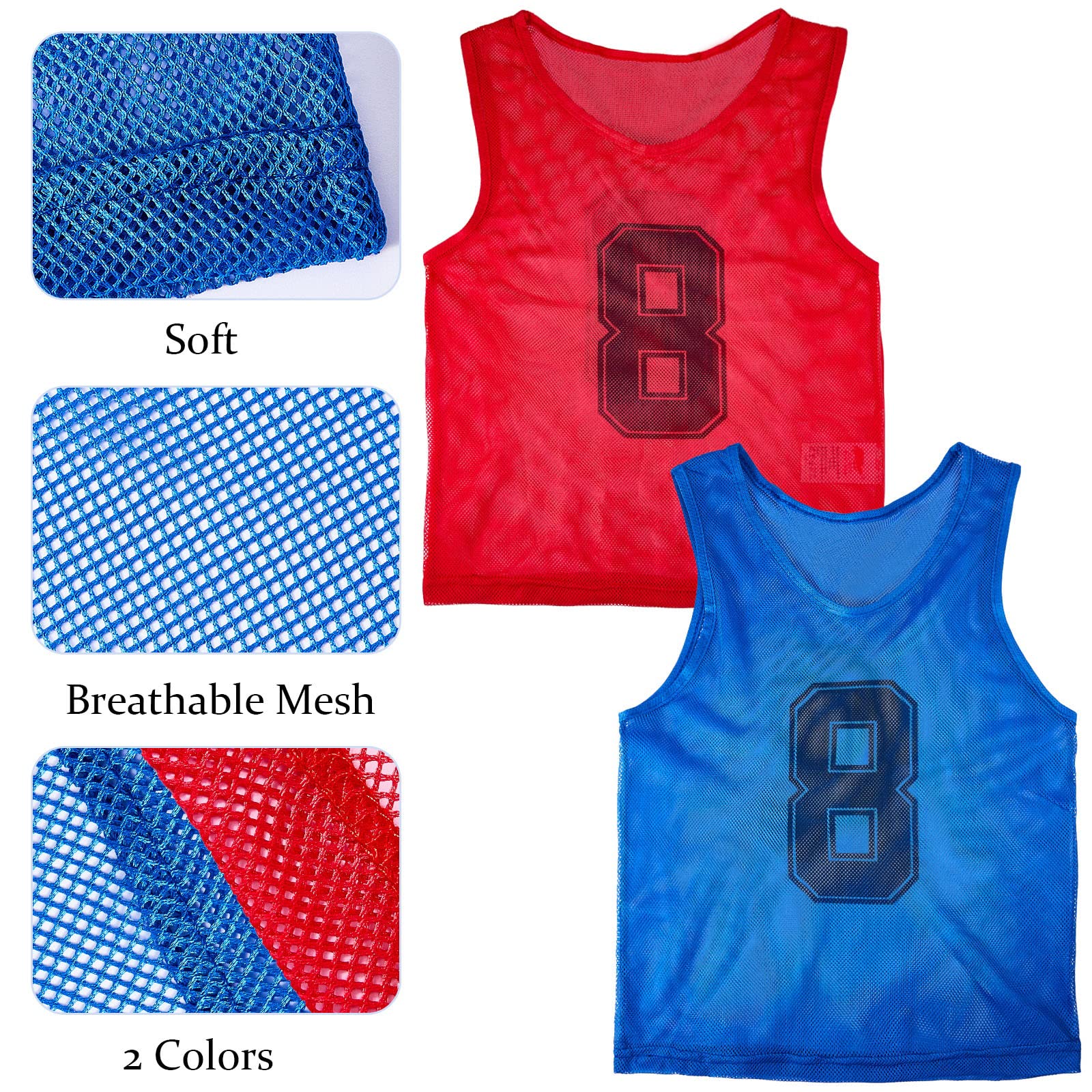 Hercicy 24 Pcs Youth Teen Pinnies Soccer Pinnies Training Vest Adult Mesh Reversible Numbered Football Jersey(Medium,Red, Blue)