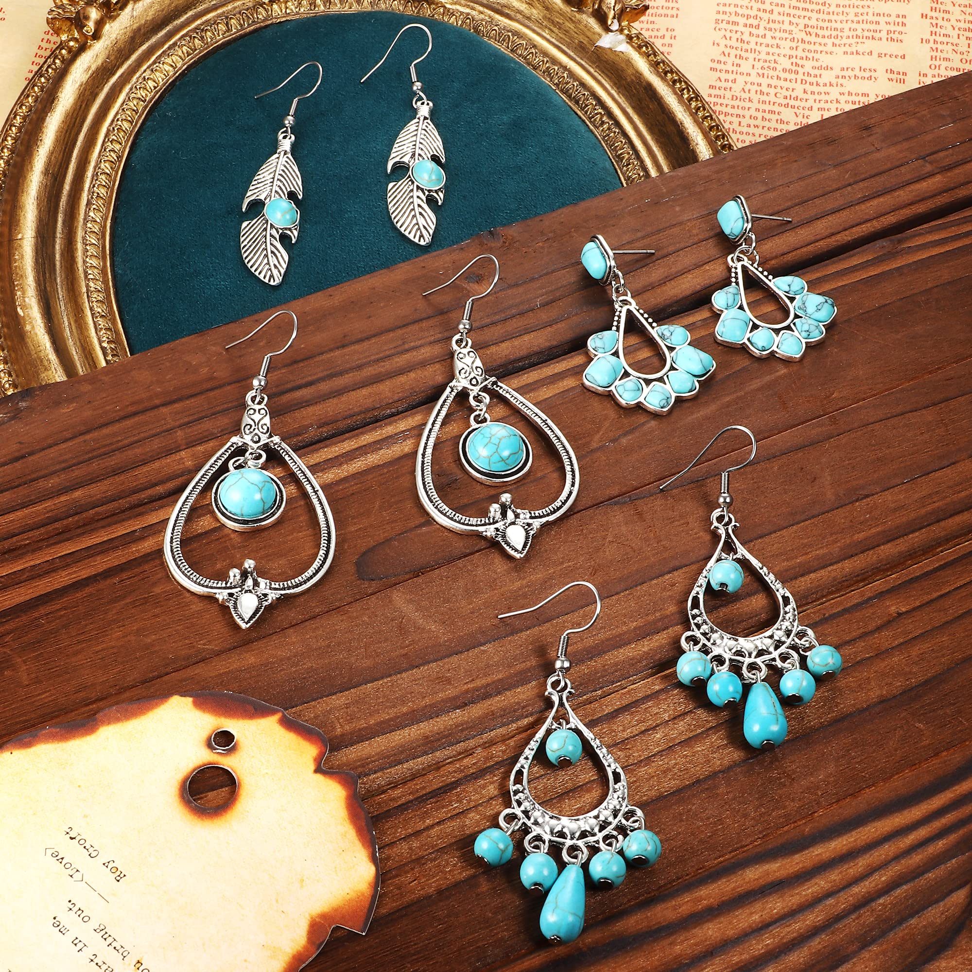 Subiceto Western Jewelry for Women Bohemian Turquoise Boho Turquoise Pendant Long Choker Vintage Turquoise Dangle Earrings Turquoise Faux Leather Layered Bracelets Western Jewelry Set