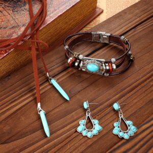 Subiceto Western Jewelry for Women Bohemian Turquoise Boho Turquoise Pendant Long Choker Vintage Turquoise Dangle Earrings Turquoise Faux Leather Layered Bracelets Western Jewelry Set