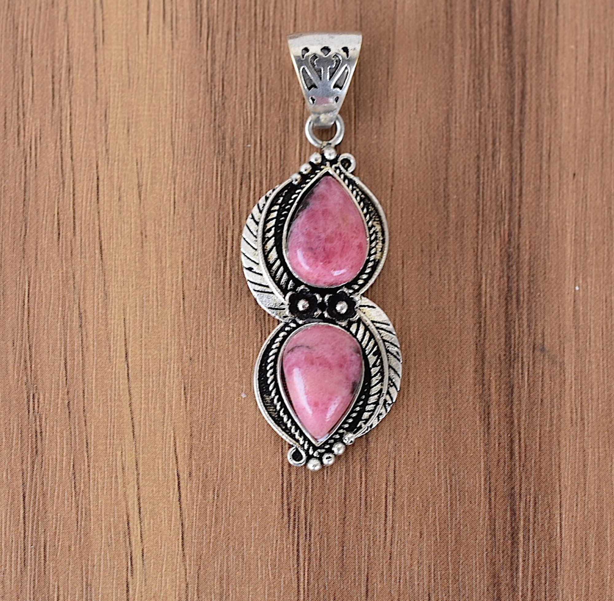 Rekha Gems Rhodonite Pendant, Pink Gemstone Pendant, Gift For Her, Vintage Jewelry,925 Sterling Silver Pendant, Boho and Hippie Pendant, Vintage Pendant, Daily Wear Pendant, Valentine Gift-NO-NRO-21