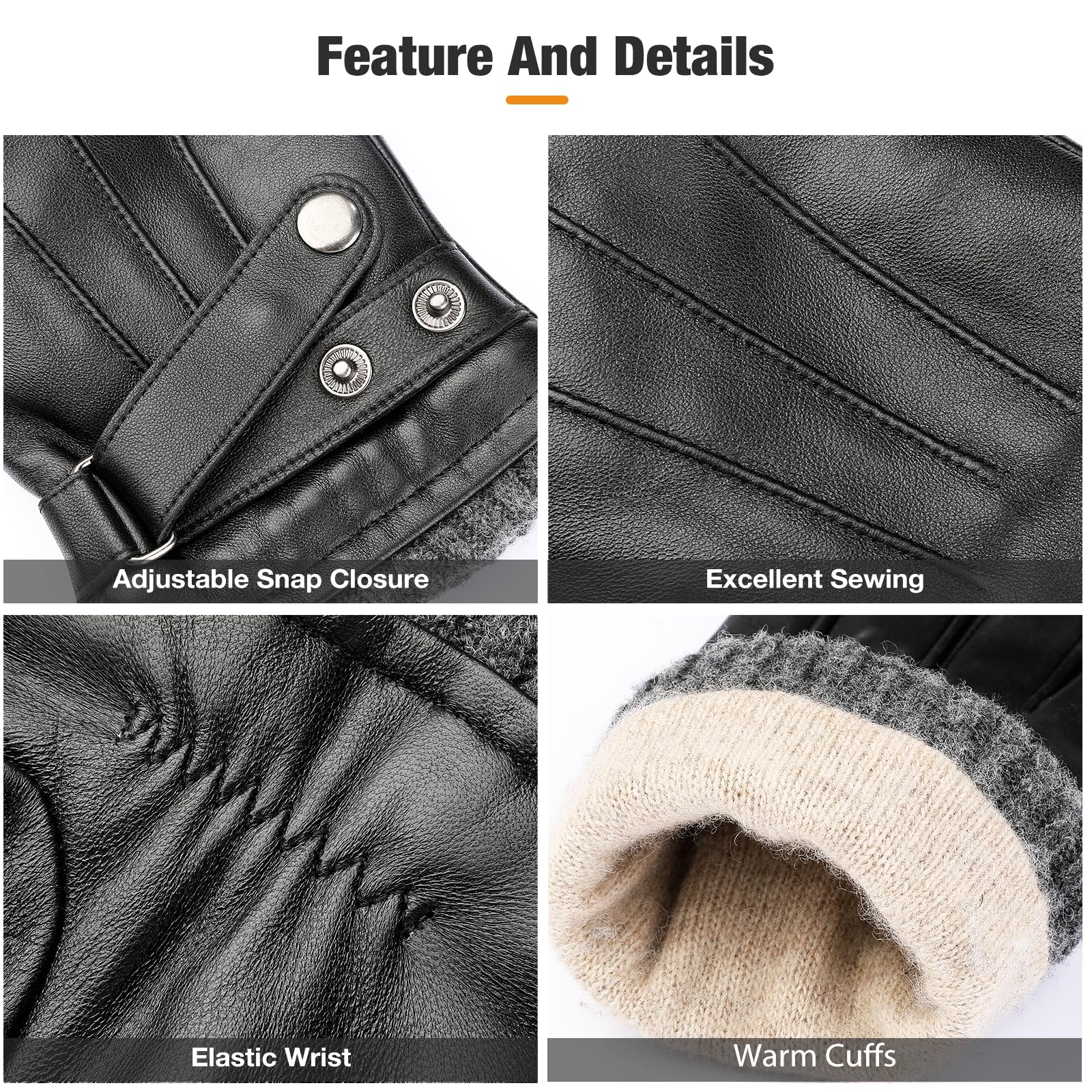 Aegend Sheepskin Leather Gloves For Men, Soft Warm Cashmere Lining Full Hand Touchscreen Winter Gift Thermal Black